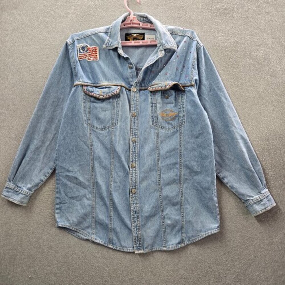 VINTAGE Harley Davidson Men Button Up Shirt‎ Large Blue Denim Logo READ